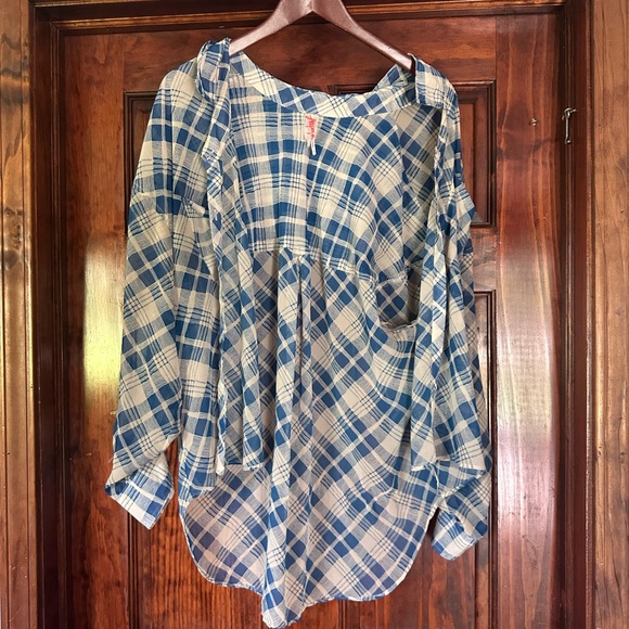 Free People Blue and Cream Plaid Button Down Shirt - Picture 1 of 5